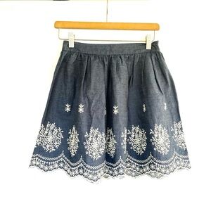 New Francesca’s Alya skirt embroidered Lace chambray cotton size small blue NWT